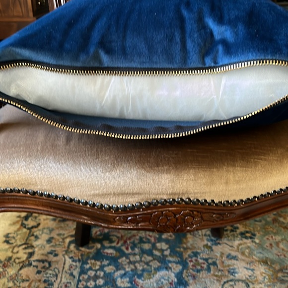 Blue Velvet Decorative Throw Pillow with Gold Zipper - Picture 3 of 7